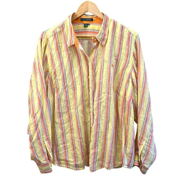 Lauren Ralph Lauren Women's Multicolored Yellow Orange Stripe Linen Blouse 2X - Picture 1 of 7